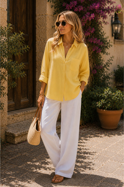Modabenna Yellow Oversized Summer Cotton Linen Shirt Pocketed Trendy Loose Fit Drop Shoulder Women