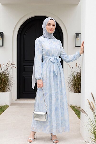Modamorfo Belted Balloon Sleeve Lined Tulle Voile Dress - Baby Blue