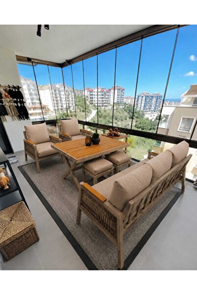 verona mobilya Premium Lüks Bahçe ve Balkon Oturma Grubu - Sütlü Kahve Minderli