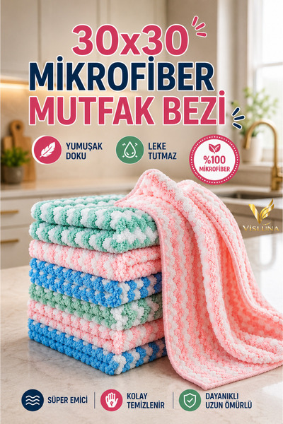 VİSLUNA (3 Pieces) Microfiber Kitchen Cloth 30 X 30 cm Cleaning Cloth Soft-Te...