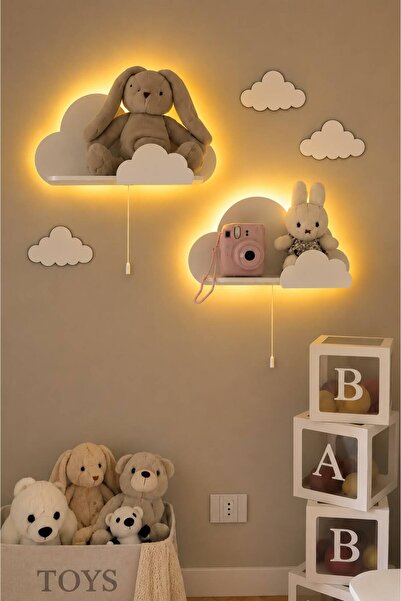 BugyBagy Ahşap 2’li Bulut Duvar Rafı Pilli LED Gece Lambası Dekoratif Bebek Ç...