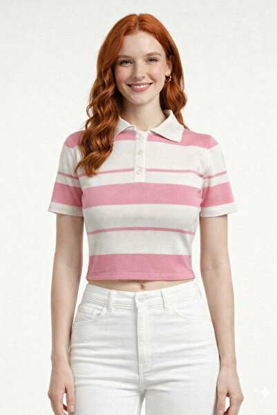 Neden Tekstil Striped Polo Collar Buttoned Knitwear Crop Blouse