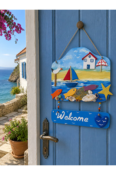ELSA Deniz Esintili Ahşap Kapı Süsü – Welcome Tasarımı (35x40 cm)