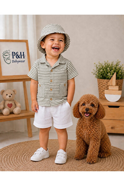 P&H BABYWEAR طقم صيفي للأولاد الصغار مكون من 3 قطع مع قبعة سفاري وشورت من الم...