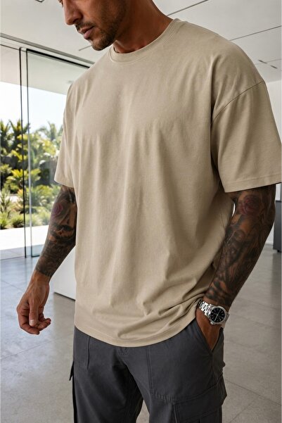assef Men's Oversized Wide Fit 100% Cotton Soft Textured Basic Crew Neck Beig...