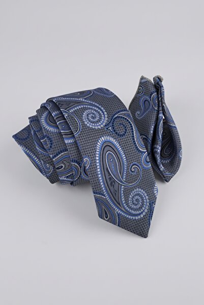 Milleniva Shawl Patterned Gray Blue Tie & Handkerchief