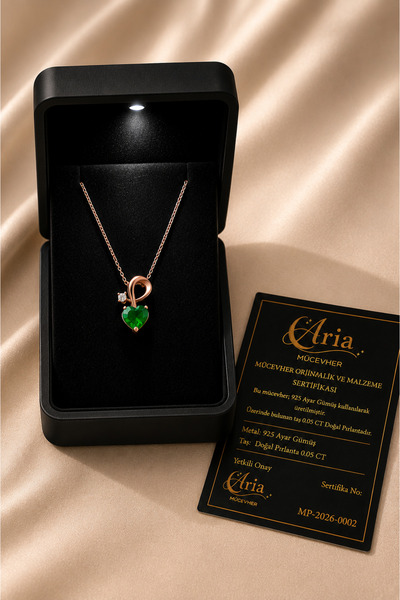 eva'sjewellery diamond Gerçek Pırlantalı Kalp Zümrüt Kolye, 18 Ayar Altın Kap...