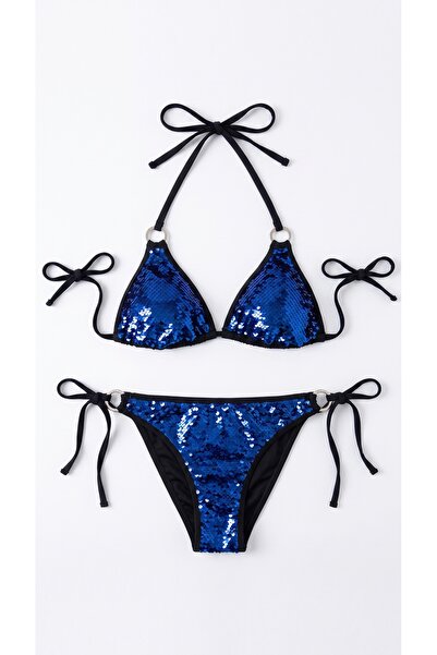 Zi Black Blue Sequined Triangle Bikini Set