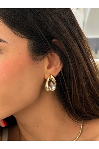 Alveole Jewelry Taşlı Modern Damla Gold Küpe
