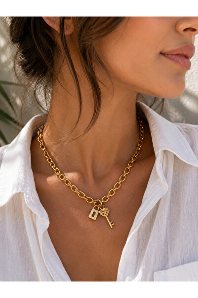 Kutcha Accessories Kilit & Anahtar Figürlü Altın Kaplama Kalın Zincir Kolye