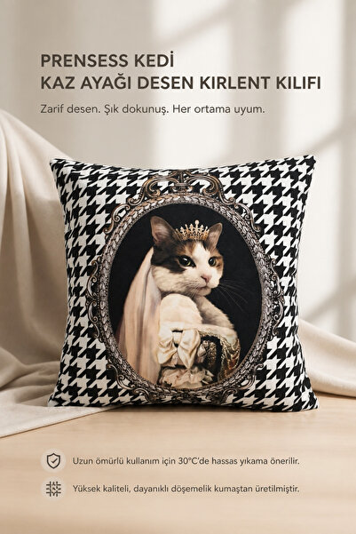 KIRLENT EV Prensess Kedi Kaz Ayağı Desen Kırlent Kılıfı