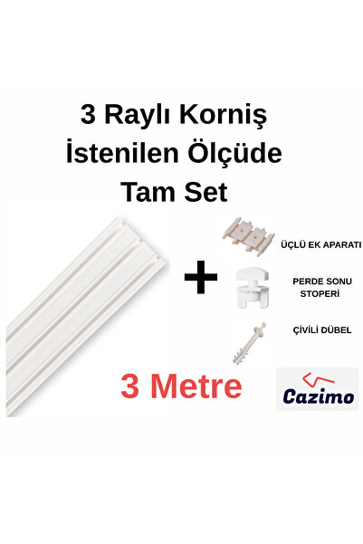 CAZIMO Üçlü Korniş Rayı PVC Perde Rayı Ölçü Seçenekli Tavan Tipi Beyaz Korniş...