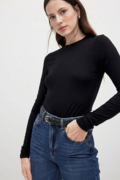 CHEISU Women's Black Long Sleeve Crew Neck T-Shirt Blouse Body Ribbed