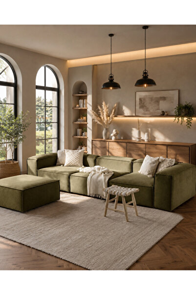 ERİZA Relax Soft 4 Modül Köşe Takımı (YAĞ YEŞİLİ) Keten 68