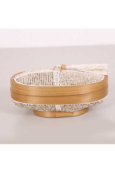 Mylamp صندوق تخزين بيضاوي من الخيزران مزين بالخرز من بالي مقاس 20x12x10 سم