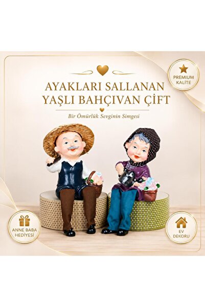 e-life shop Ayakları Sallanan Mutlu Yaşlı Bahçıvan Çift Biblo Dekoratif Obje ...