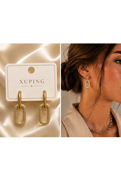 JEWELERY E&B SHINE Zirkon Taşlı Geometrik Gold Renk Sallantılı Küpe Kadın Şık...