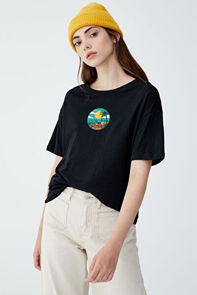 Kozmik Tapestry Μαύρο σκούτερ με στάμπα Oversize Βαμβακερό γυναικείο T-shirt ...