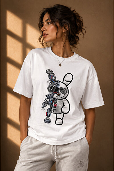 Clothify Unisex Large Size Robotic Rabbit Printed Oversize 100% Cotton T-Shirt