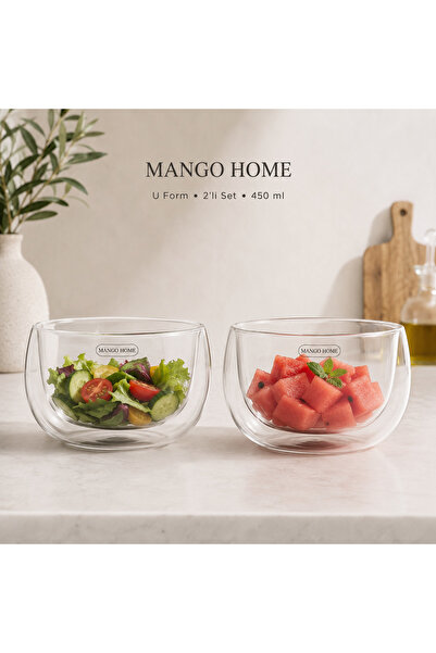 Mango Home U Form Çift Cidarlı Borosilikat Cam Kase Seti 2'li 450 ml - Isı Ya...