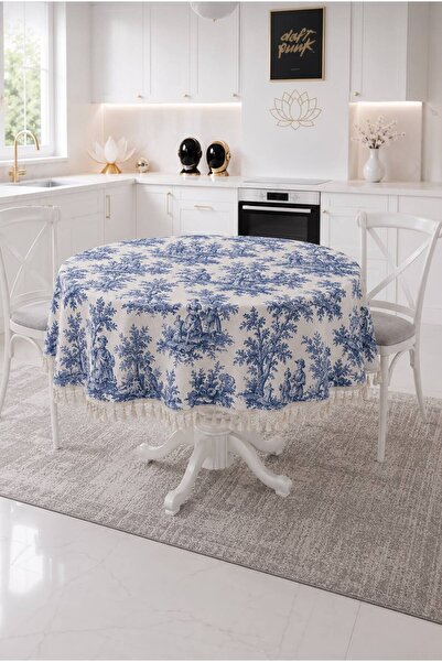 Luxoras Home Yuvarlak Duck Kumaş Fransız Köylü Desenli Püsküllü Masa Örtüsü C...