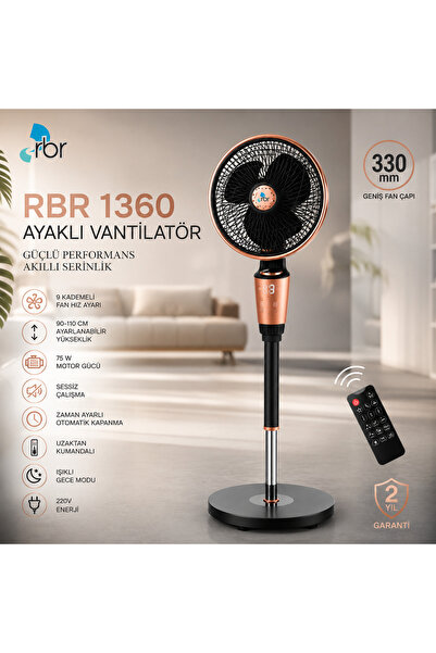 RBR Premium Ayaklı Vantilatör 75W Kumandalı – 9 Kademeli Sessiz Standlı Vanti...