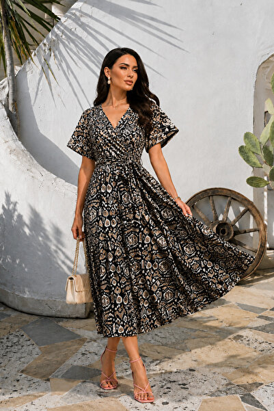 msm fashion Women's Dress Long Patterned Short Sleeve Belted Double Breasted ...