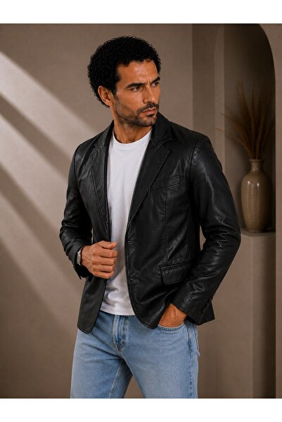 Derimosa Erkek Siyah Blazer Hakiki Deri Ceket