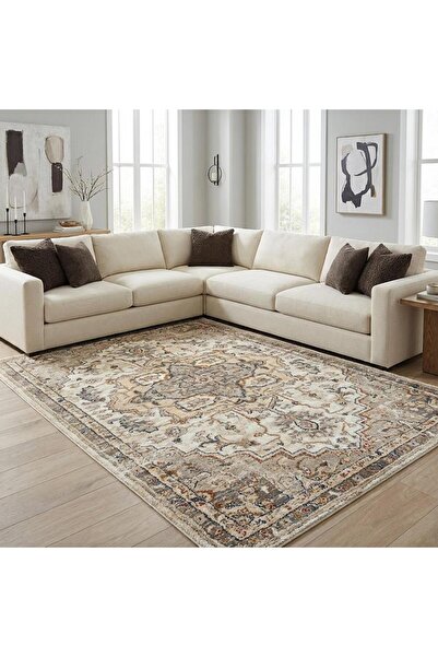Carpettex Krem Eskitme Desenli Dijital Baskılı Kaymaz Tabanlı Halı Dijital Ba...