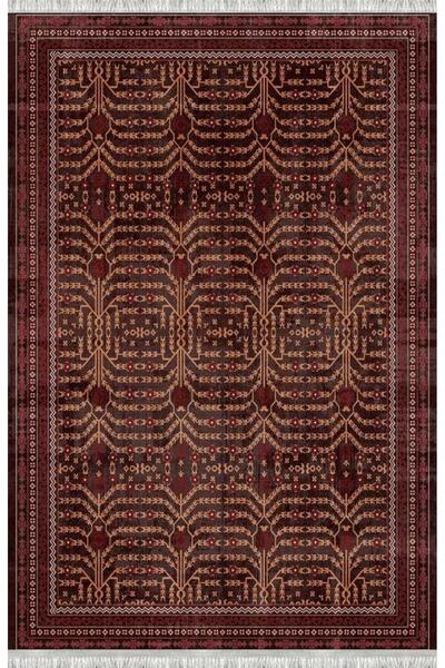 Carpettex Koyu Kahve Klasik Halı Desenli Dijital Baskılı Kaymaz Tabanlı Salon Halısı Dijital Baskı Halı 7 mm