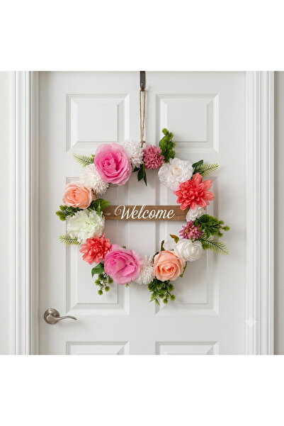 gençay Ahşap Boncuklu Welcome Kapı - Yapay Çiçekli Duvar Dekoru