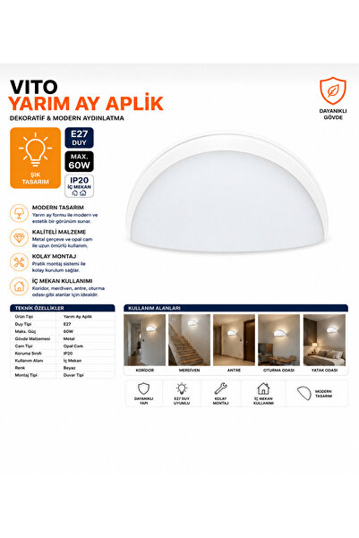 Vito Yarım Ay Aplik E27 Duylu Duvar Apliği Beyaz Dekoratif Aydınlatma