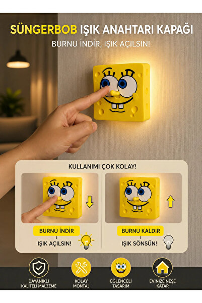 KUKO DESIGN Sünger Bob Işık Anahtarı Kapağı | Burnu Hareketli Işık Açma Kapam...