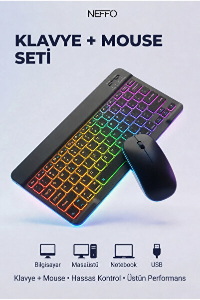 NEFFO Kablosuz Bluetooth Klavye Mouse Seti – Şarj Edilebilir