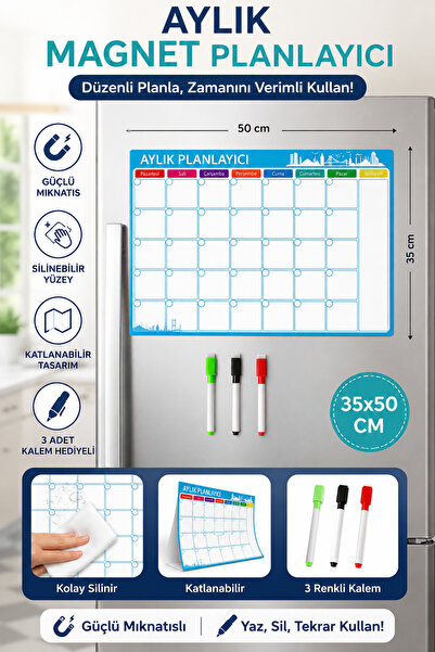 Dünya Magnet Aylık Magnet Planlayıcı , 35x50 Cm Katlanabilir Silinebilir Mıkn...