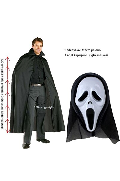 partidolu 120 cm Pelerin ve Ghost Scream Kapüşonlu Çığlık Hayalet Maskeli Set...