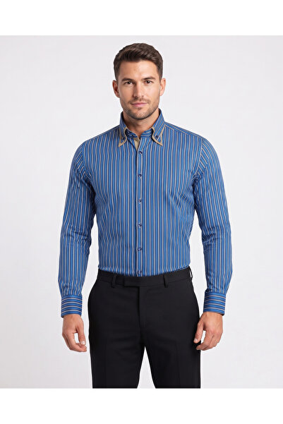 MAKROM Premium Series %100 Cotton Slim Fit Double Collar Striped Shirt