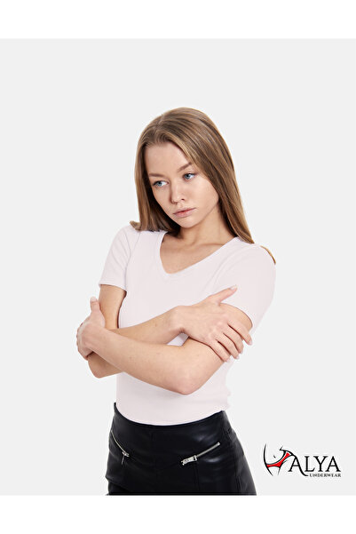 ALYA UNDERWEAR V Yaka Kaşkorse Kumaşlı Kısa Kollu Bluz, Esnek Ve Pamuklu Kuma...