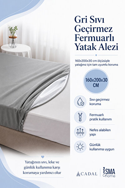 A Cadal Gri sıvı geçirmez fermuarlı yatak alezi 160*200+30cm