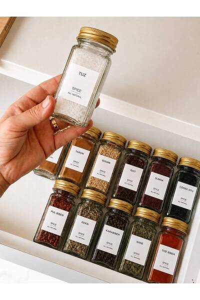 EG75 12 Square Shaped Glass Spice Holders Set with 32 Stickers as a Gift...