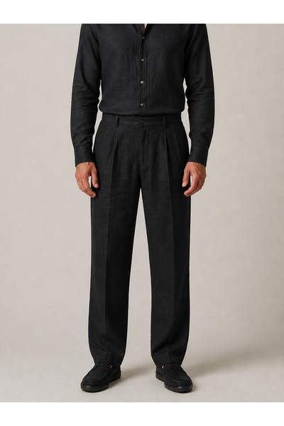 Xint Erkek Siyah %100 Keten Regular Fit Pantolon