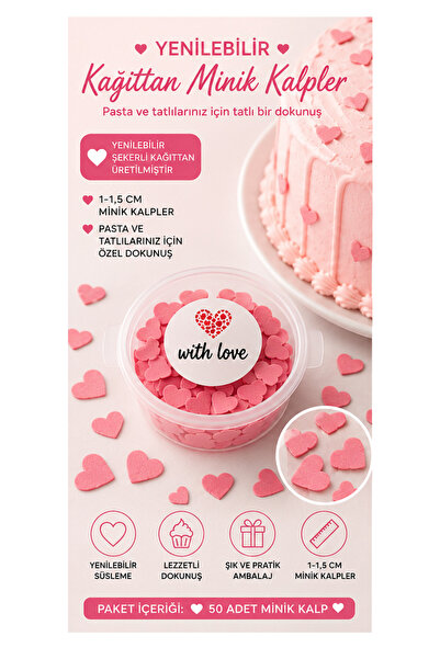hediyehobihersey 50 ADET Mini Pembe Kalp Pasta Süslemesi, Yenilebilir Konfeti...