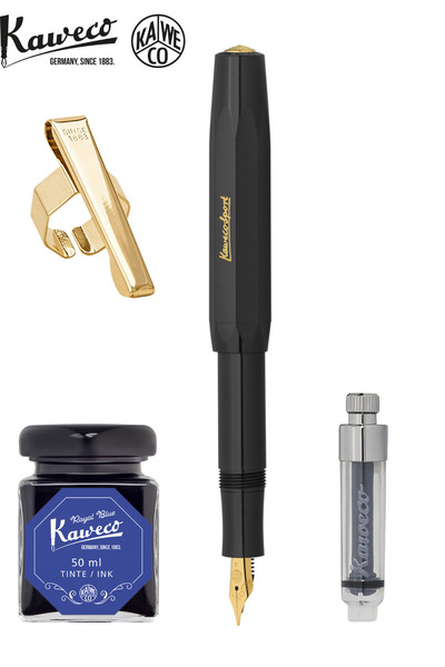 Kaweco Klasik Sport Siyah F Uç Dolma Kalem Seti - Mini Piston + 50 ml Mavi Mü...