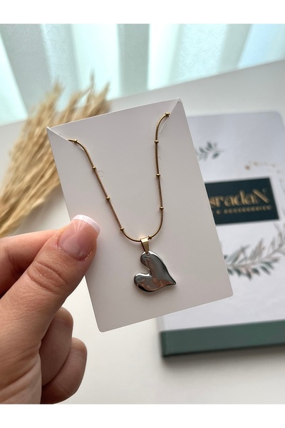 BusradanDesign Double Color Heart Detail Steel Necklace 45 cm