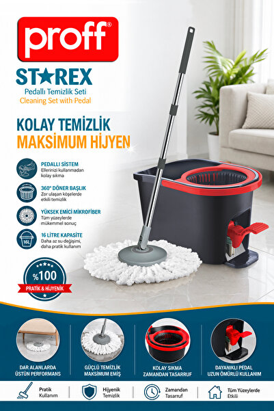 Proff Starex Pedallı Temizlik Seti Pedallı Kova Sap Mafsallı Kapak Mikrofiber...
