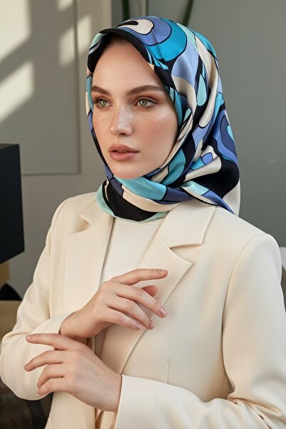 Vissona 100% Twill İpek Geometrik Desenli Bebe Mavisi - İndigo Renkli 90x90 D...