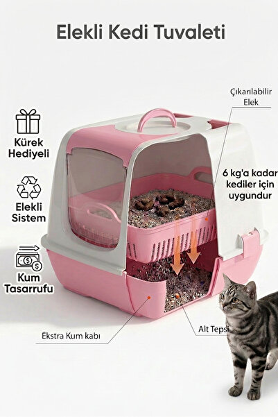 Kurtbay Şekil Flex Elekli Kedi Tuvaleti, 50x37,5x40 cm, XL boy, Kum küreği he...