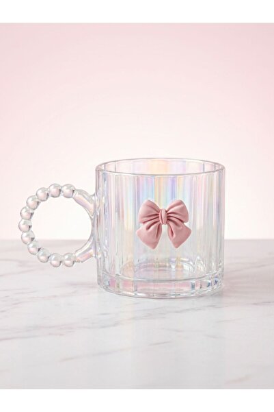Serenova Clear Ribbed Glass Coffee Mug with Beaded Handle & Pink Bow | Transp...