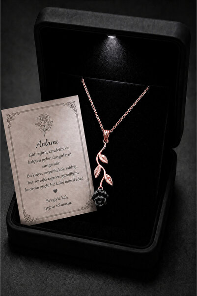 ÇEKİRDEK JEWELRY Işıklı Hediye Kutulu Rose Gold Siyah Gül Kolye Zarif Yaprak ...