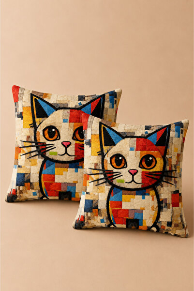 Turtaş Renkli Kedi Desenli Dekoratif Koltuk Salon Kırlent Kılıfı 43x43 cm 2’l...